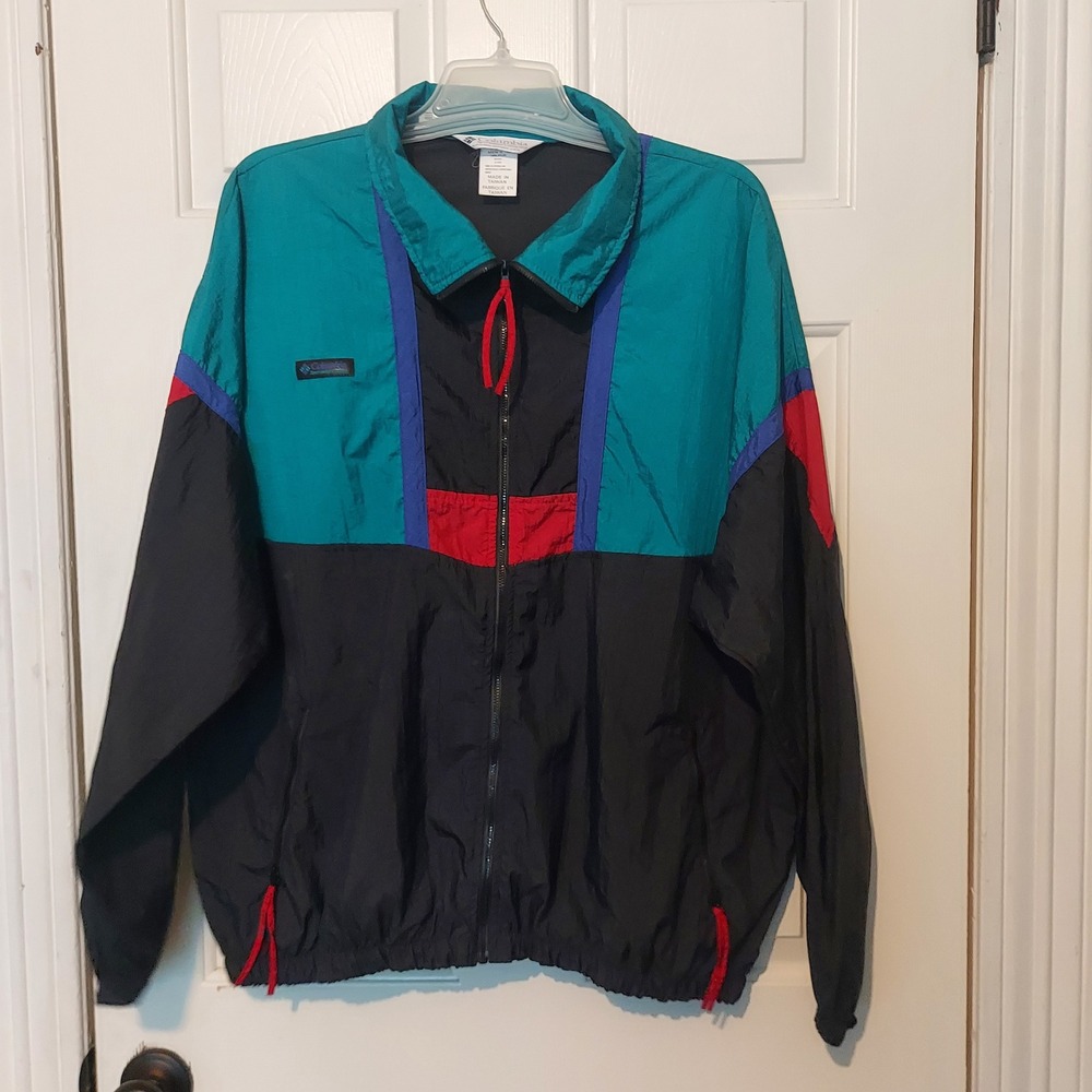 Vintage Columbia Sportswear Colorblock Windbreaker Jacket Teal Black 90s Mens XL